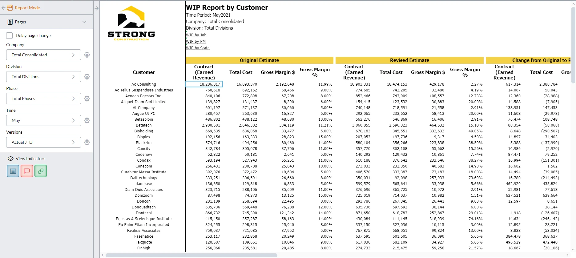 WIP Report by Customer Total Consolidated screenshot