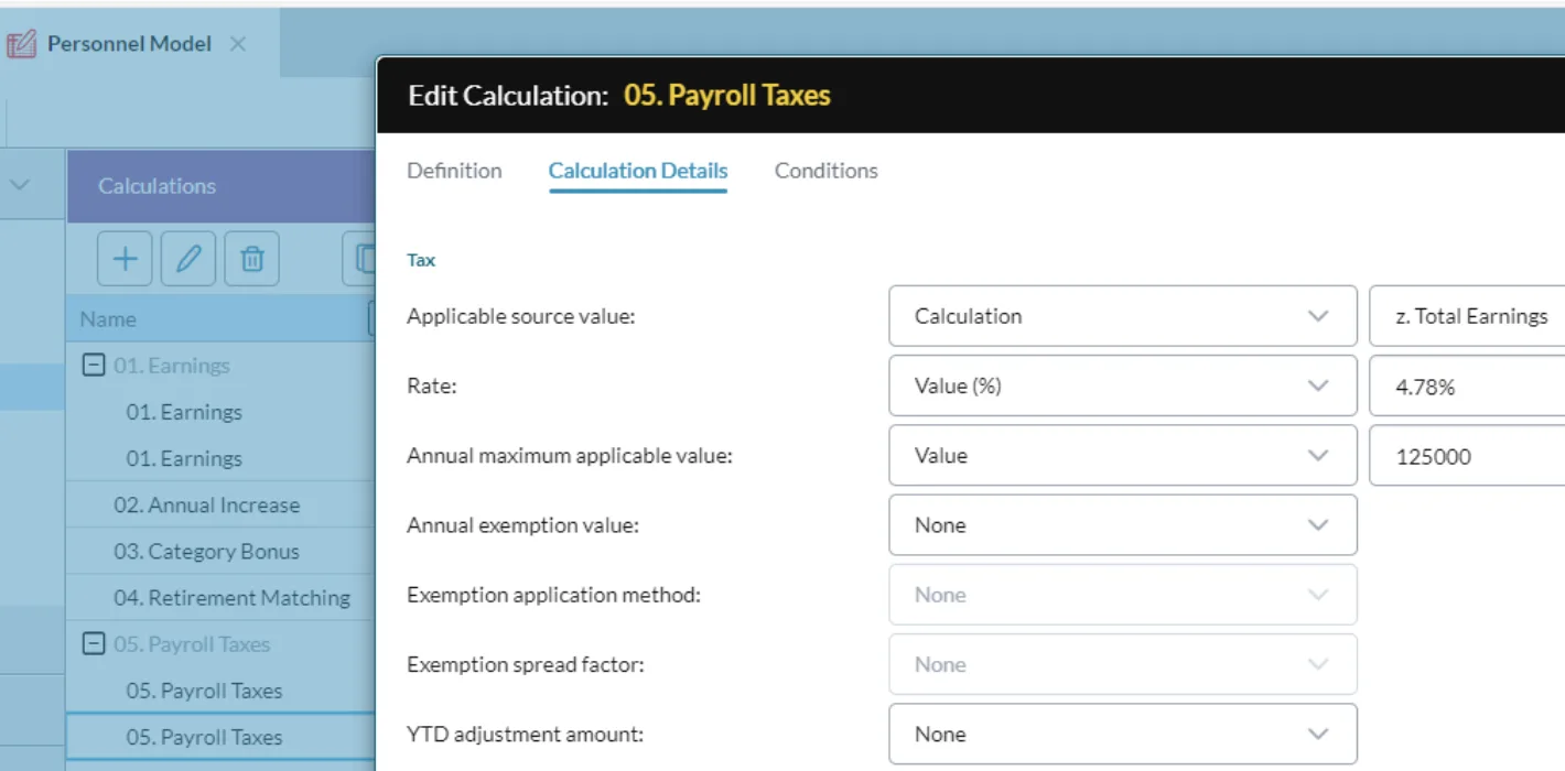 Personnel Model Payroll Taxes Screenshot