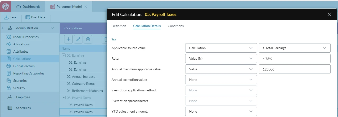Personnel Model Payroll Taxes Screenshot