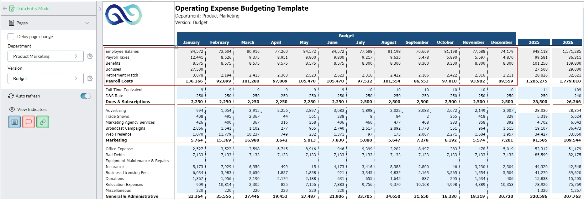 OpEx Budgeting Template Product Marketing Screenshot