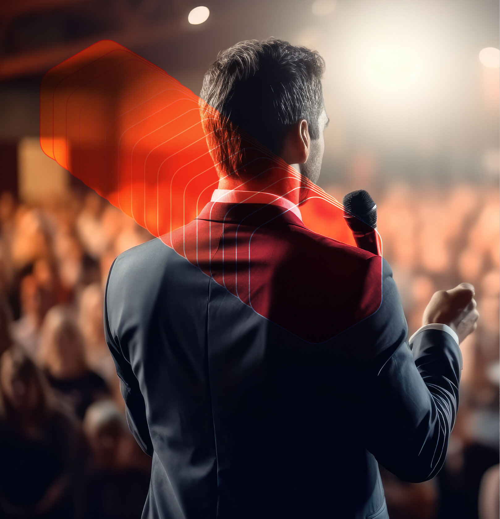 A suited man confidently holds a microphone, addressing an attentive audience