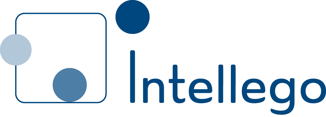 Intellego Logo Intellego Company Logo: In Sans Serif navy font, beside a blue square surrounded by 3 blue circles