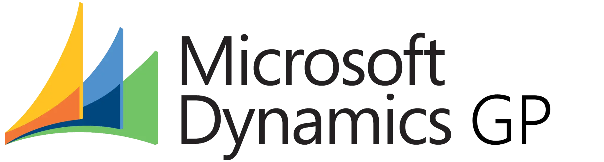 Microsoft dynamic GP 1 Microsoft Dynamics GP company logo in black colour, beside an abstract orange, blue, & green triangular shaped figure.